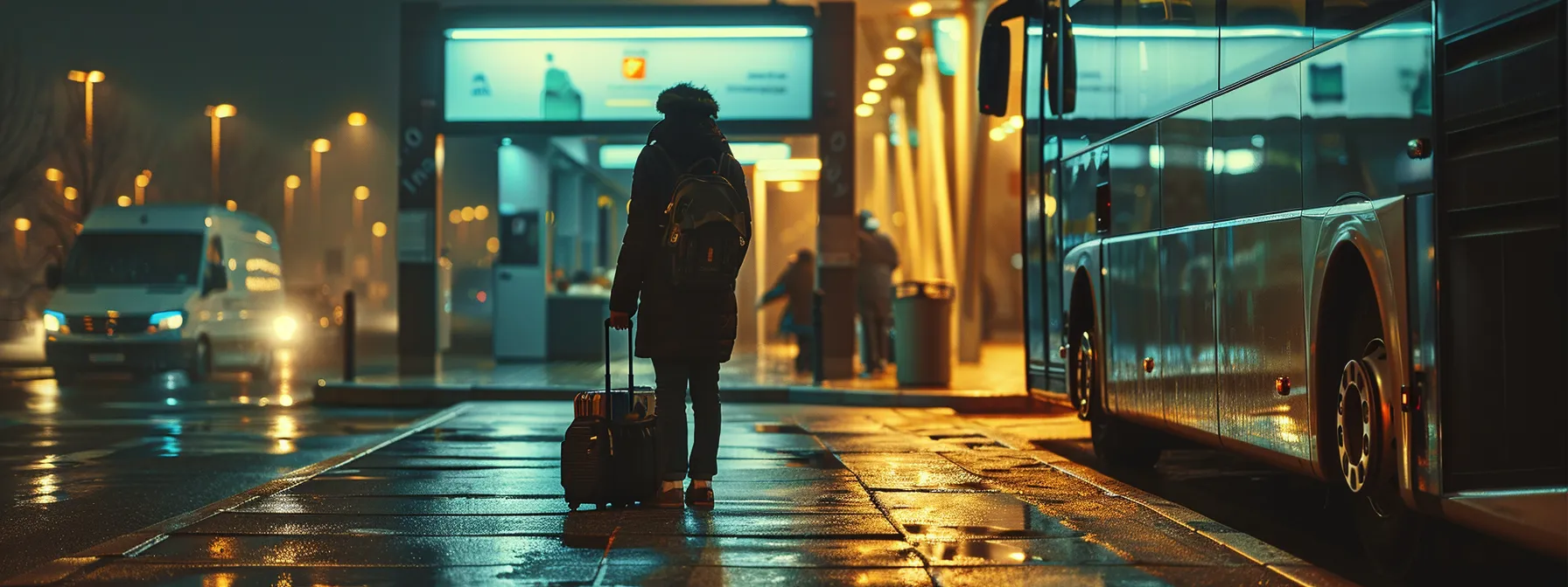 a traveler standing with luggage outside a shuttle bus, ready to embark on a smooth and stress-free journey.