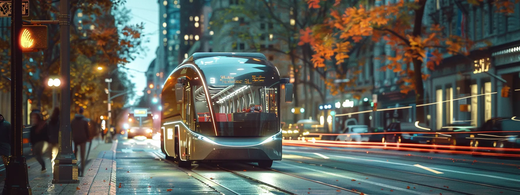 a futuristic electric shuttle bus gliding effortlessly through a bustling city street, showcasing the seamless integration of cutting-edge technology in scheduled ground transportation.