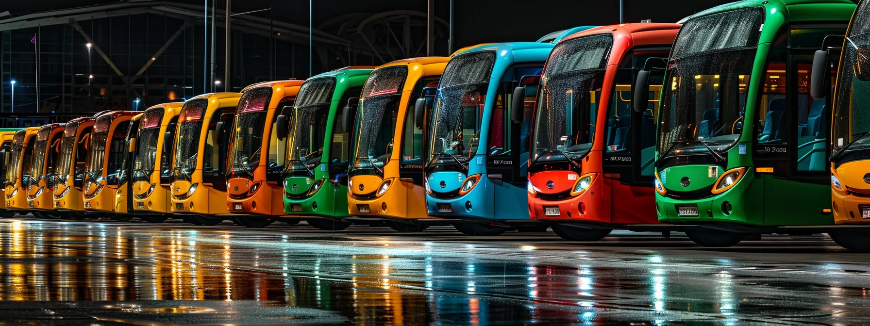 a line of colorful shuttle buses lined up neatly, ready to transport passengers to and from airports and cruise ports.