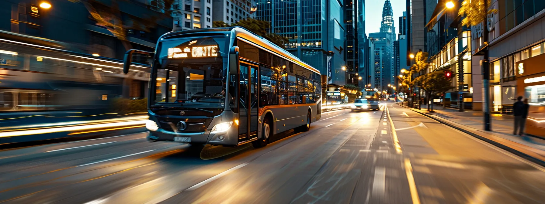 a sleek, modern shuttle bus glides through a bustling city street, embodying the efficiency and sophistication of scheduled ground transportation (sgt) in modern travel.