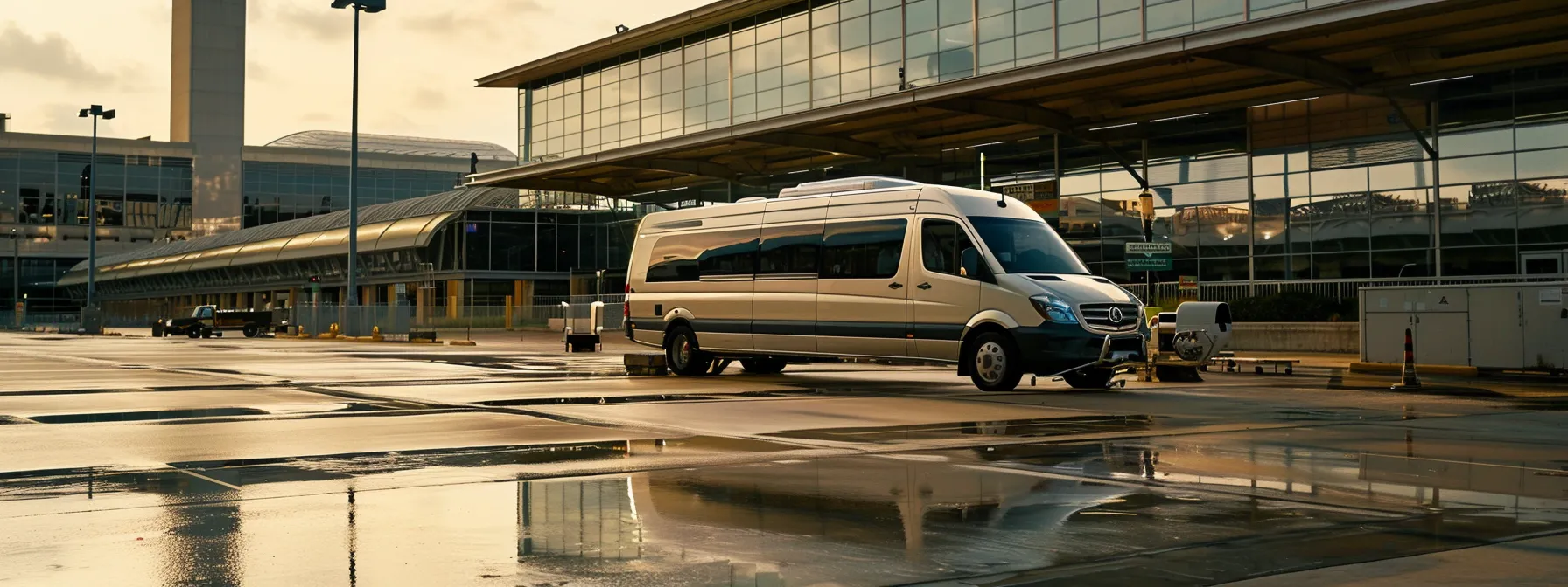 a sleek shuttle parked outside a bustling airport, ready to transport travelers to picturesque galveston.