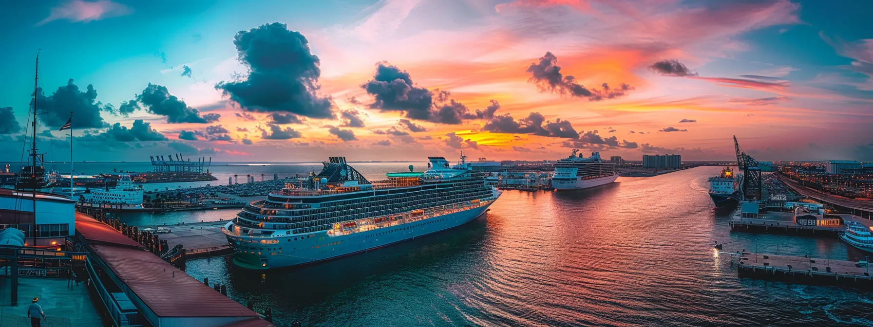 a bustling galveston cruise port under a vibrant sunset sky, capturing the anticipation of travelers navigating smoothly amidst weather updates and local events, with colorful ships docked and a sense of adventure in the air.