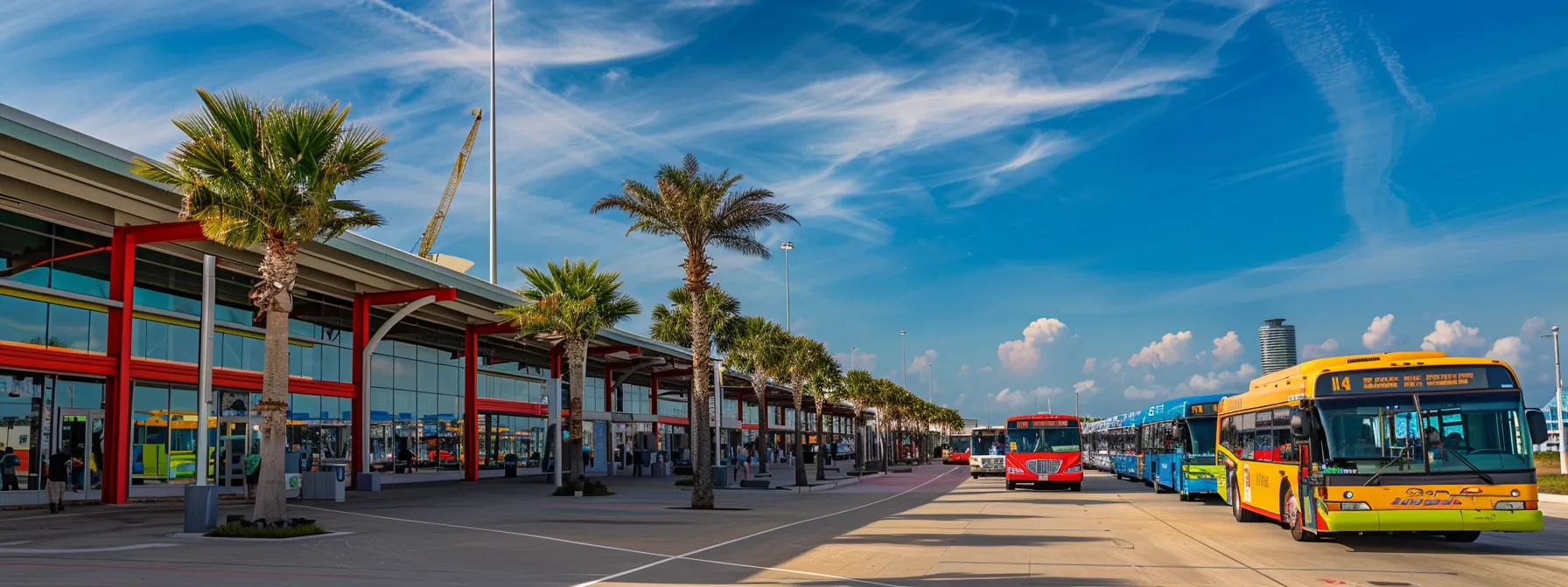 a bustling galveston cruise terminal with colorful shuttles lined up under a bright blue sky, showcasing seamless transportation options for travelers arriving from various locations.