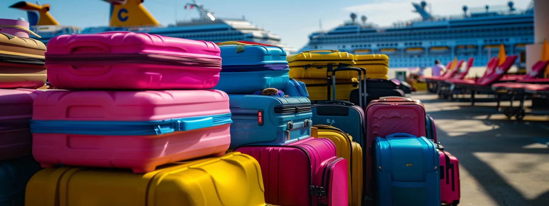 a neatly arranged suitcase filled with colorful travel essentials, highlighting organized packing strategies against a backdrop of a vibrant cruise ship at the galveston cruise port under clear blue skies.