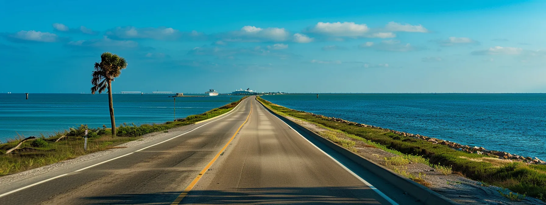 a serene coastal highway leads towards the breathtaking galveston cruise port, framed by vibrant blue waters and a clear sky, inviting travelers to embark on an unforgettable journey.