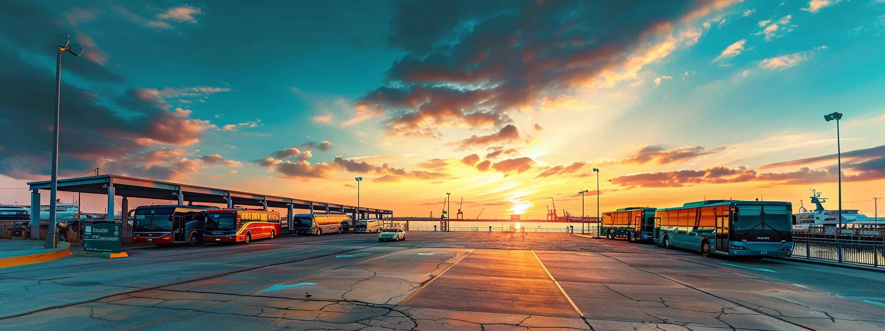 a serene galveston cruise port at sunrise, showcasing colorful transportation options lined up along the waterfront, while a backdrop of satisfied travelers eagerly discusses their experiences.