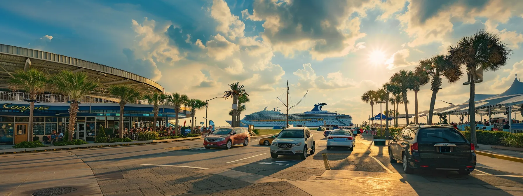 a serene view of a bustling galveston cruise terminal, showcasing a variety of transportation options, including a sleek private car, a vibrant shared ride vehicle, and efficient public transit, all set against a backdrop of a sunny sky and cruise ships ready for departure.