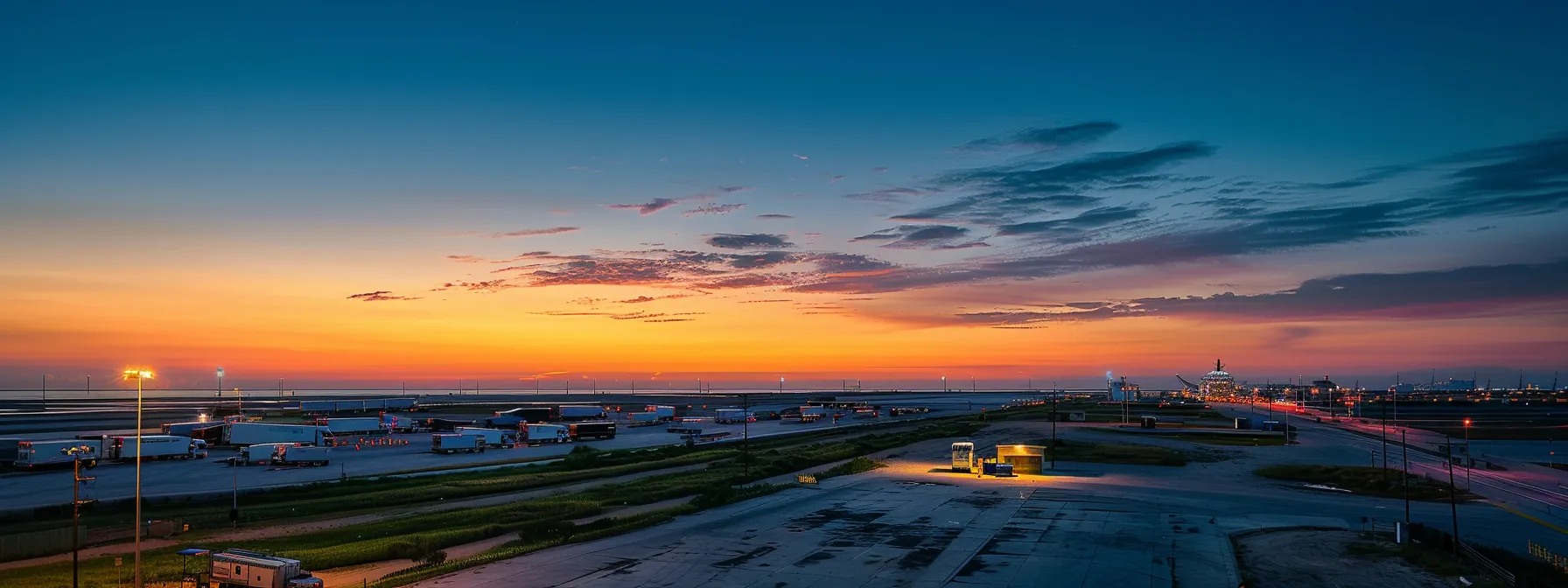 a serene view of the galveston cruise port at sunrise, showcasing vibrant hues of orange and pink in the sky, with well-organized transportation vehicles awaiting travelers, all conveying a sense of anticipation for a smooth journey ahead.