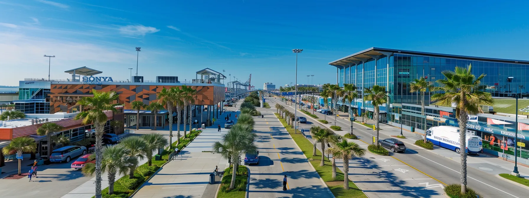 a vibrant, aerial view of the galveston cruise port bustling with eco-friendly shuttles and private cars, illuminating the contrast between sustainable travel options and their environmental impact under a bright blue sky.