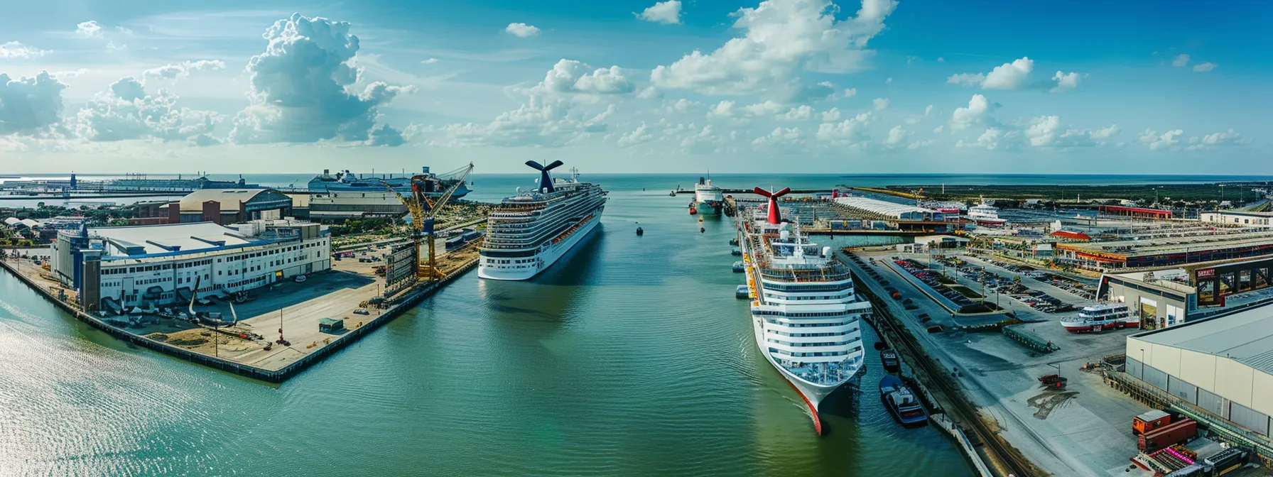 a vibrant aerial view showcases the bustling port of galveston, with colorful cruise ships docked against a backdrop of clear blue skies and shimmering waters, illustrating the excitement of embarking on a scenic journey.