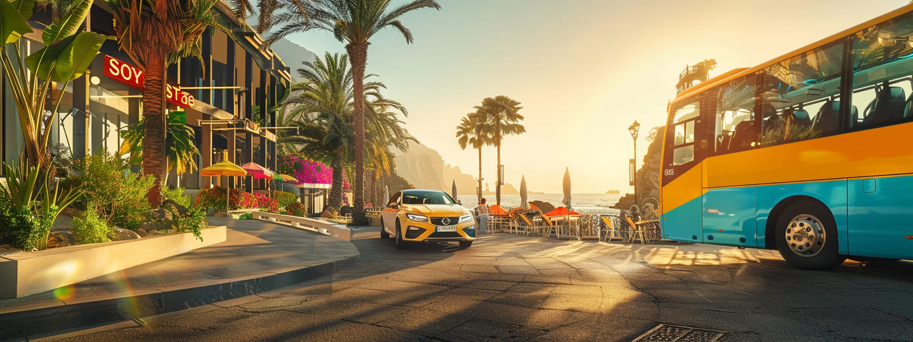 a vibrant scene capturing a luxurious private car waiting at a scenic coastal destination, juxtaposed with a colorful shuttle bus filled with eager passengers, highlighting the contrasting choices in travel options.