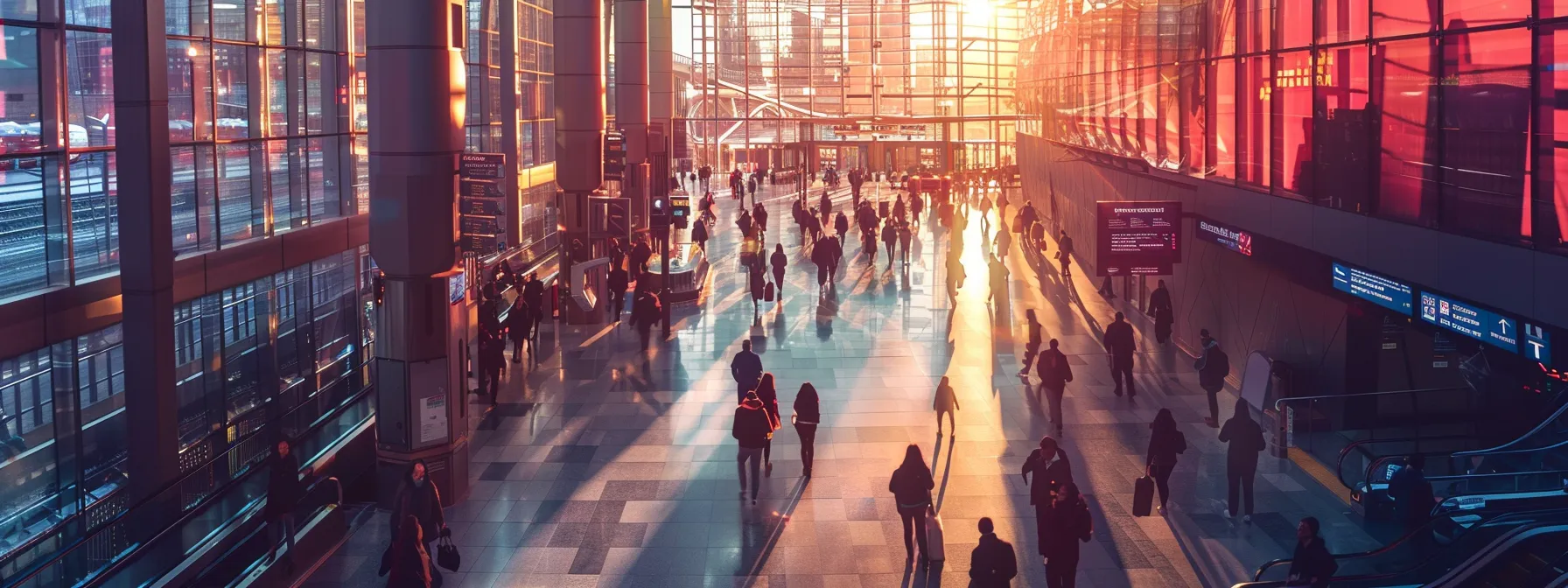 a vibrant scene of travelers confidently navigating a bustling transportation hub, surrounded by clear signs outlining safety protocols and policies, accentuated by the glowing morning light streaming through large windows.