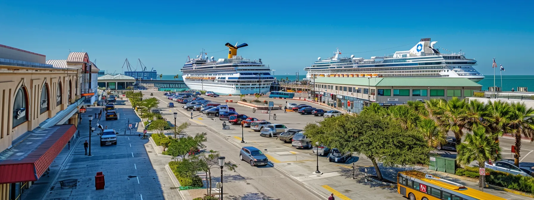 a vibrant scene showcasing a busy galveston cruise port, with various transportation options like shuttles and taxis in motion, set against a backdrop of a clear blue sky and the majestic cruise ships docked, emphasizing the importance of cost-effective travel planning.