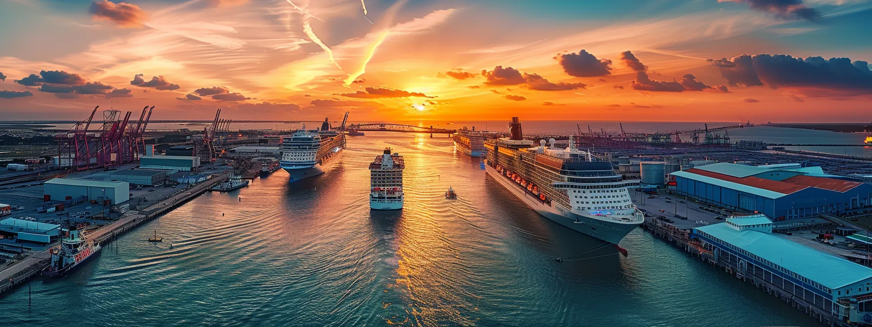 a vibrant sunrise casts golden rays over the bustling galveston cruise port, where colorful cruise ships await eager passengers embarking on their vacation adventures.