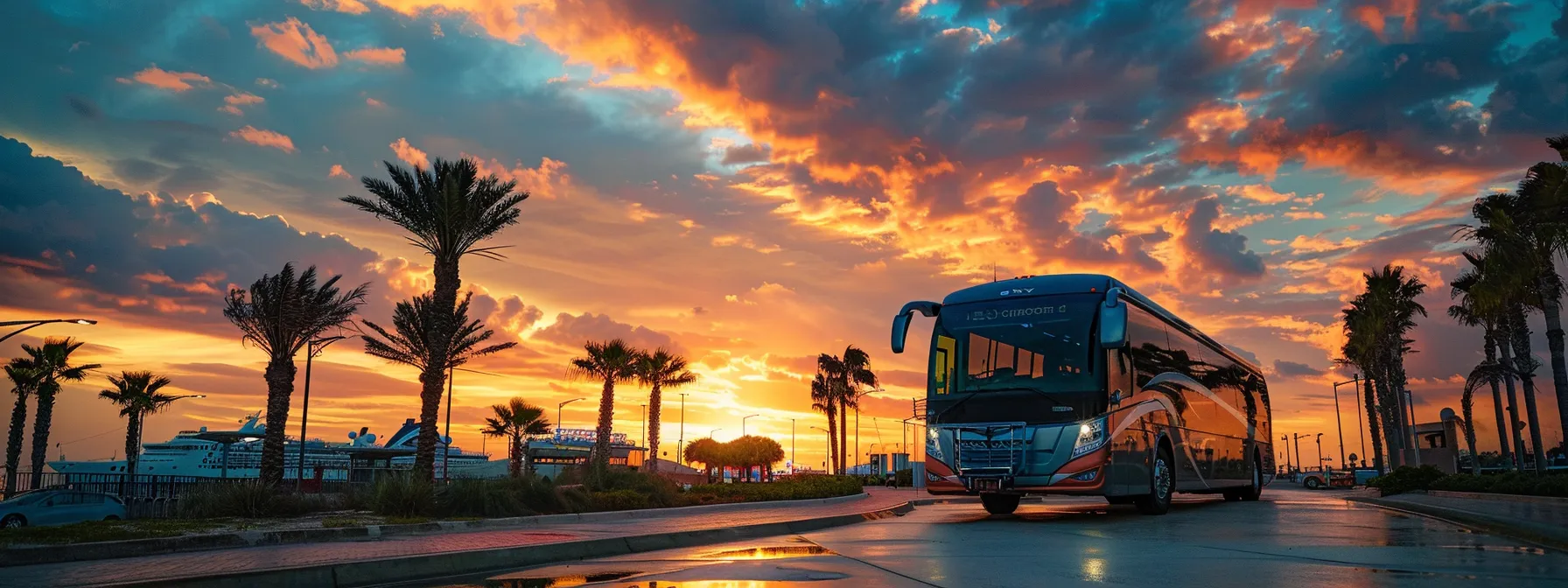 a vibrant travel scene showcasing a sleek private car and a modern shuttle bus parked side by side at the bustling galveston cruise port, emphasizing the theme of booking flexibility and convenience under warm, inviting sunset lighting.